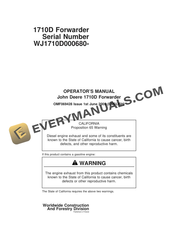 John Deere 1710D Forwarder Operator Manual OMF069428