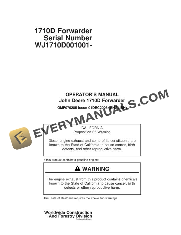 John Deere Timberjack 1710D Forwarder Operator Manual F070285