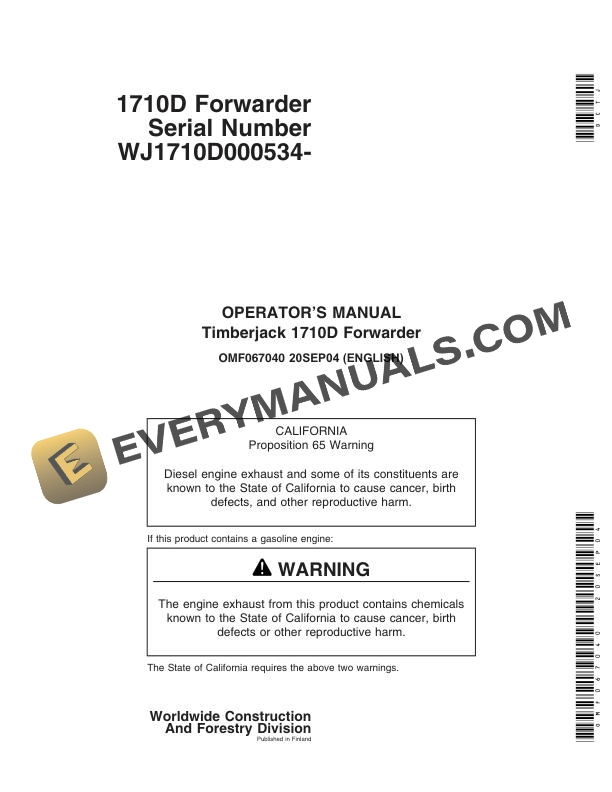 John Deere Timberjack 1710D Forwarder Operator Manual OMF067040