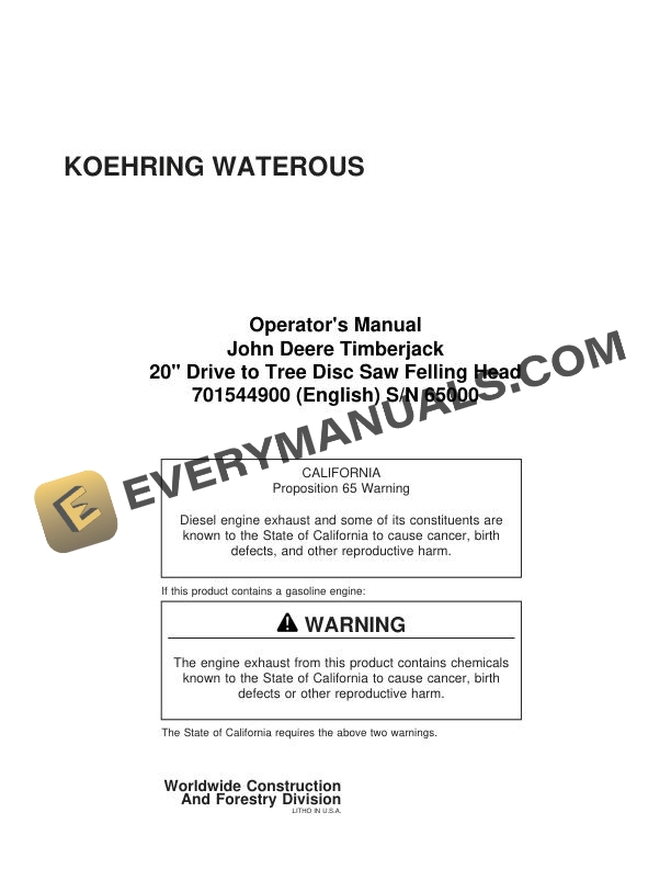 John Deere Timberjack 20 inch Drive to Tree Disc Saw Felling Head Operator Manual 701544900