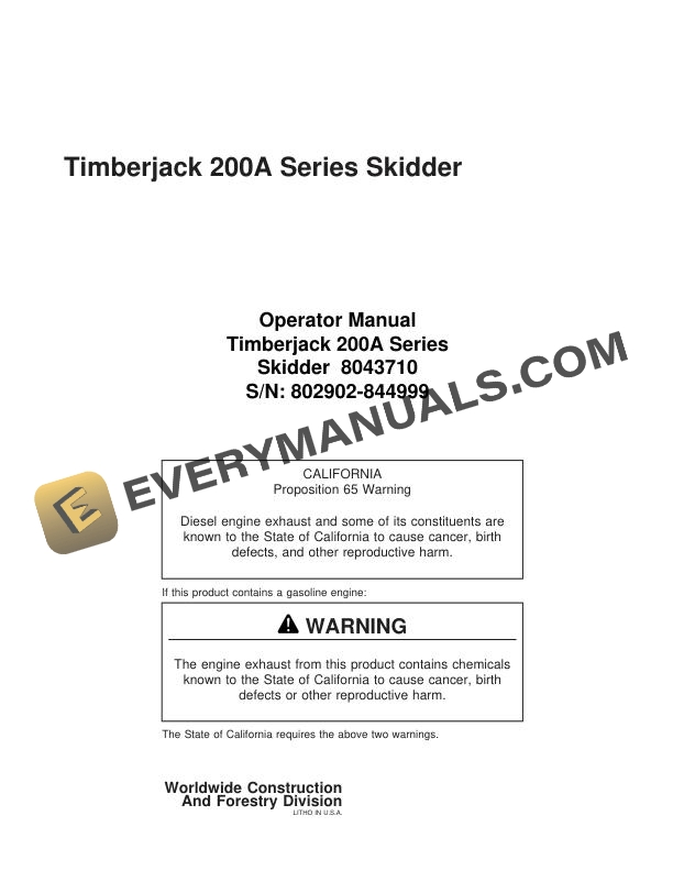 John Deere Timberjack 200A Series Skidder Operator Manual 8043710