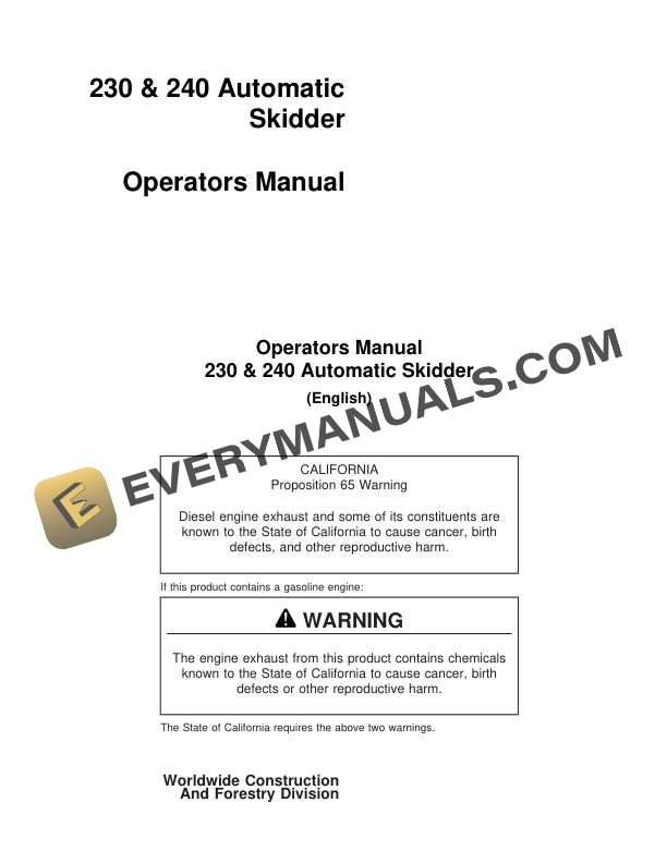 John Deere Timberjack 230, 240 Automatic Skidder Operator Manual 0701-10