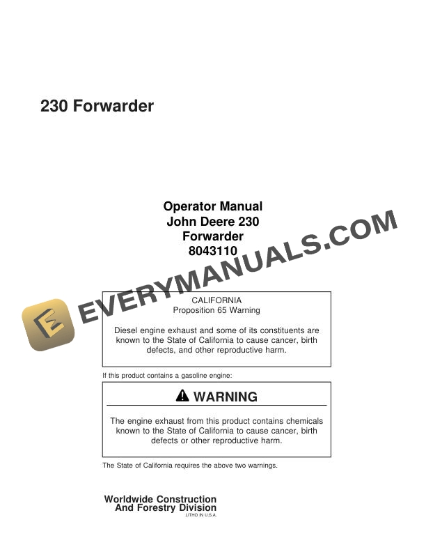 John Deere Timberjack 230 Forwarder Operator Manual 8043110