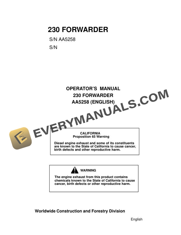 John Deere Timberjack 230 Forwarder Operator Manual AA5258
