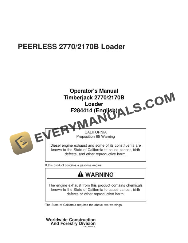 John Deere Timberjack 2770 2170B Loader Operator Manual F284414