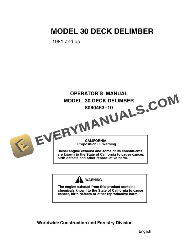 John Deere Timberjack 30 Deck Delimber Operator Manual 8090463-10