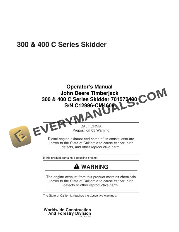 John Deere Timberjack 300 400 C Series Skidder Operator Manual 701572400
