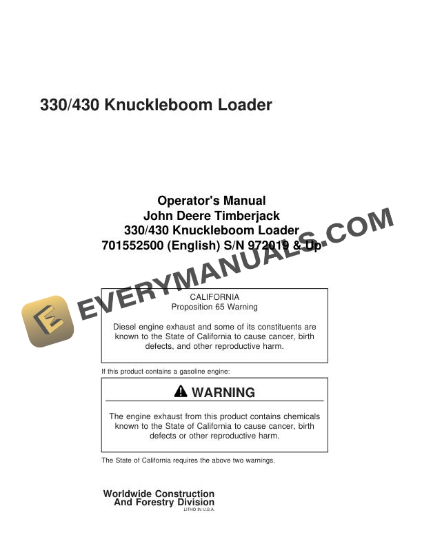 John Deere Timberjack 330 430 Knuckleboom Loader Operator Manual 701552500