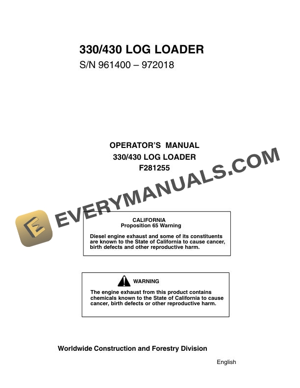 John Deere Timberjack 330, 430 Log Loader Operator Manual F281255