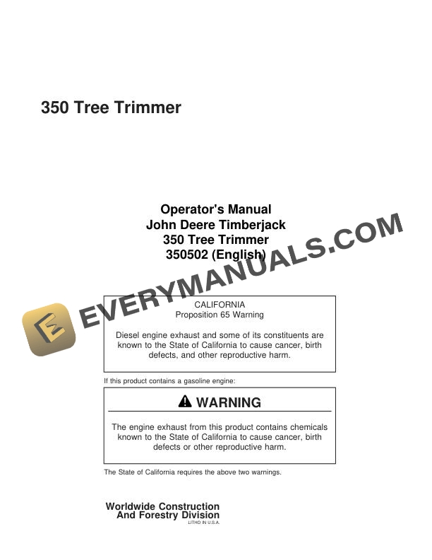John Deere Timberjack 350 Tree Trimmer Operator Manual 350502