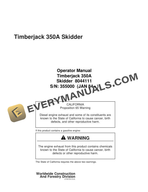 John Deere Timberjack 350A Skidder Operator Manual 8044111
