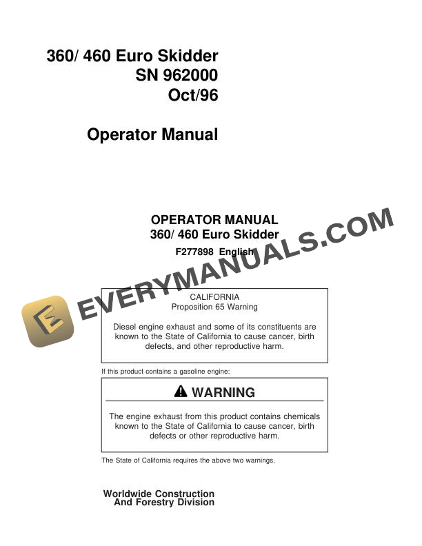 John Deere Timberjack 360, 460 Euro Skidder Operator Manual F277898
