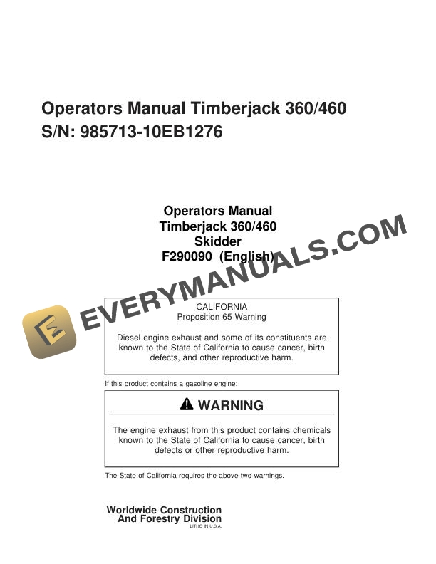 John Deere Timberjack 360, 460 Skidder Operator Manual F290090