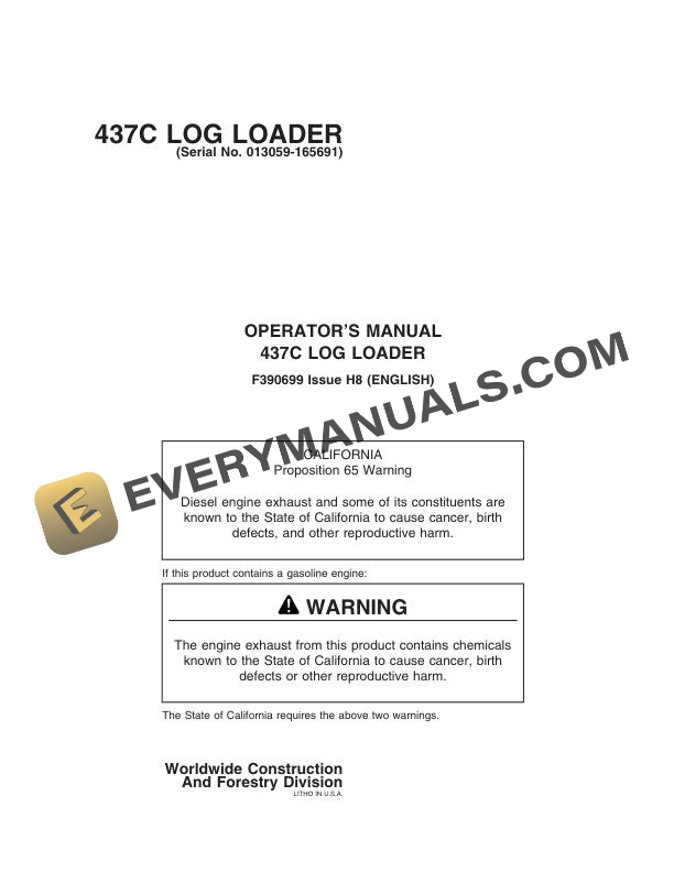 John Deere Timberjack 437C Log Loader Operator Manual F390699