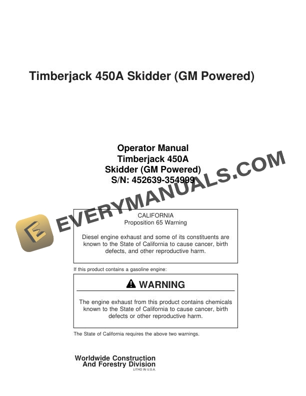 John Deere Timberjack 450A Skidder GM Powered Operator Manual 8044711