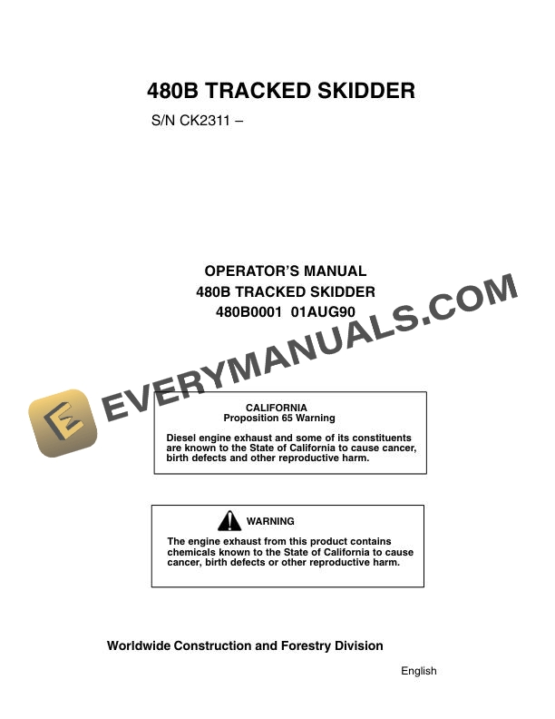 John Deere Timberjack 480B Tracked Skidder Operator Manual 480B0001