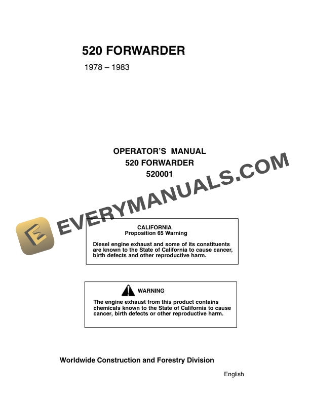 John Deere Timberjack 520 Forwarder Operator Manual 520001
