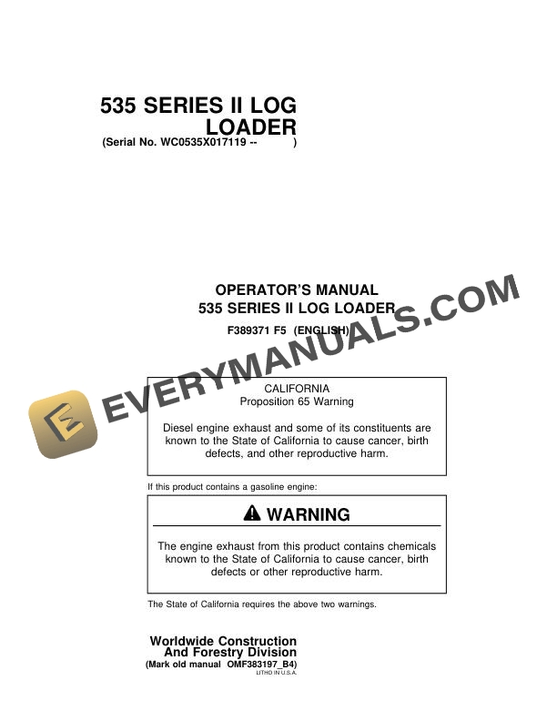 John Deere 535 Series II Log Loader Operator Manual F389371