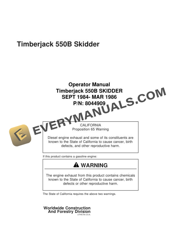 John Deere Timberjack 550B Skidder Operator Manual 8044909