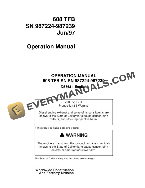 John Deere Timberjack 608 TFB Excavator Operator Manual F286681