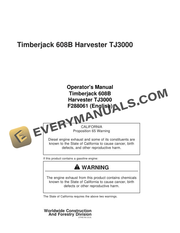 John Deere Timberjack 608B Harvester TJ3000 Operator Manual F288061