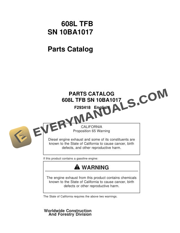John Deere Timberjack 608L TFB Parts Catalog F293418