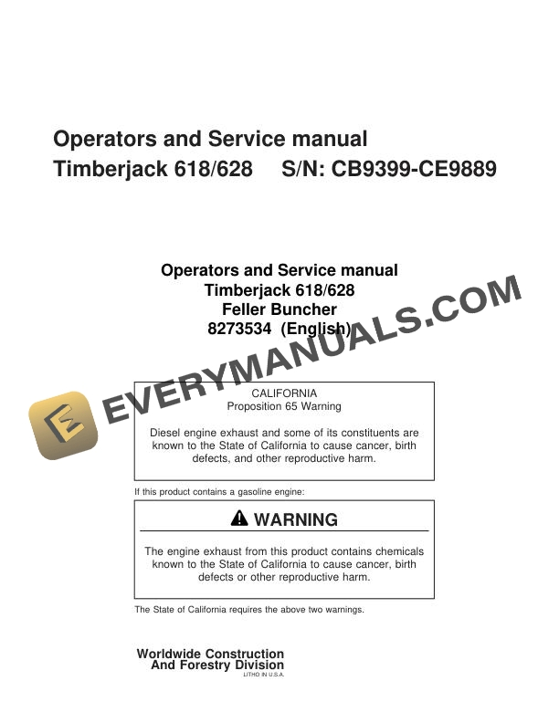 John Deere Timberjack 618 628 Feller Buncher Operator Service Manual 8273534