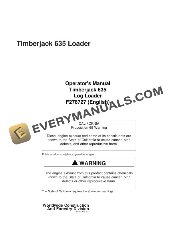 John Deere Timberjack 635 Log Loader Operator Manual F276727