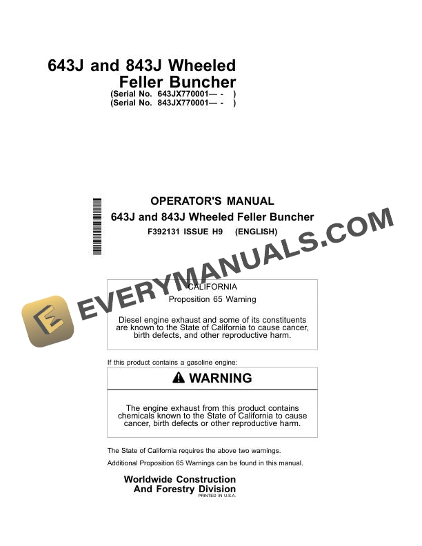 John Deere 643J, 843J Wheeled Feller Buncher Operator Manual F392131