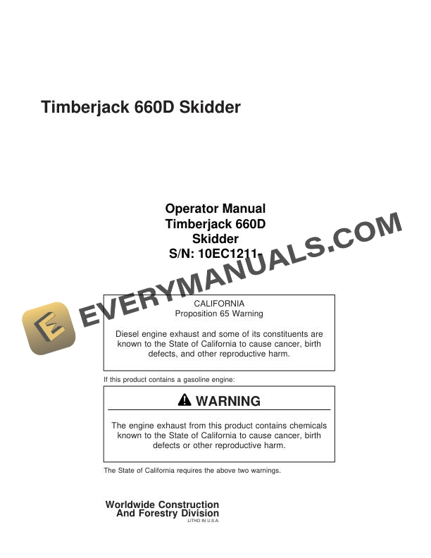 John Deere Timberjack 660D Skidder Operator Manual F380157