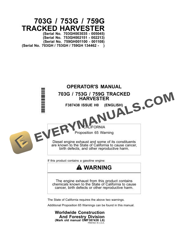 John Deere Timberjack 703G 753G 759G Tracked Harvester Operator Manual F387438