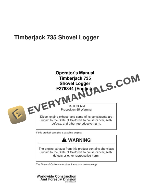 John Deere Timberjack 735 Shovel Logger Operator Manual F276844