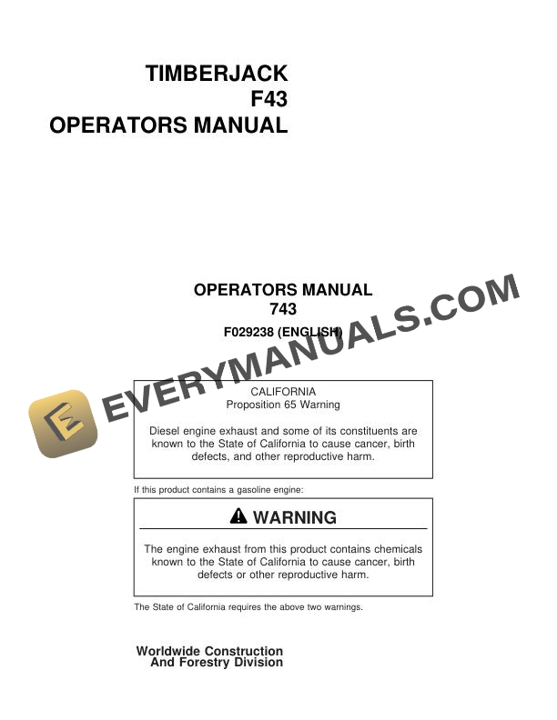 John Deere Timberjack 743 Harvester Head Operator Manual F029238