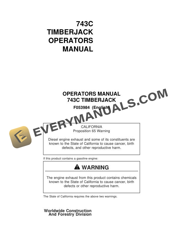 John Deere Timberjack 743C Harvester Head Operator Manual F053984