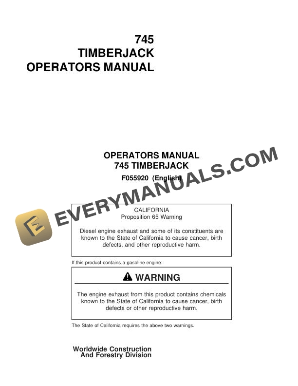 John Deere Timberjack 745 Harvester Head Operator Manual F055920