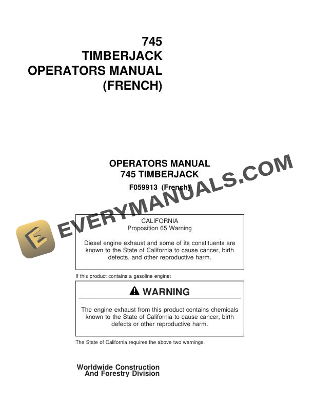 John Deere Timberjack 745 Harvester Head Operator Manual F059913