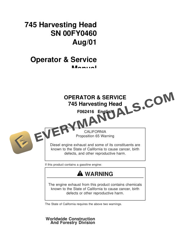 John Deere Timberjack 745 Harvesting Head Operator Manual F062416
