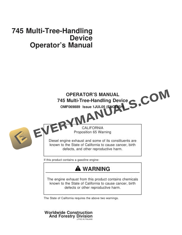 John Deere Timberjack 745 Multi Tree Handling Device Operator Manual F069889