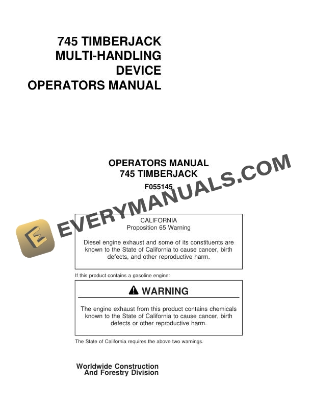 John Deere Timberjack 745 Multi handling Device Operator Manual F055145