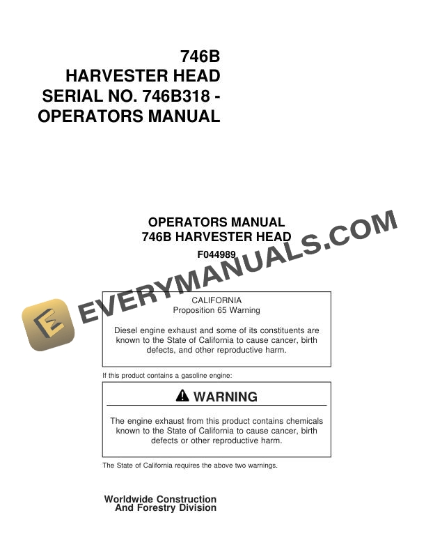 John Deere Timberjack 746B Harvester Head Operator Manual F044989