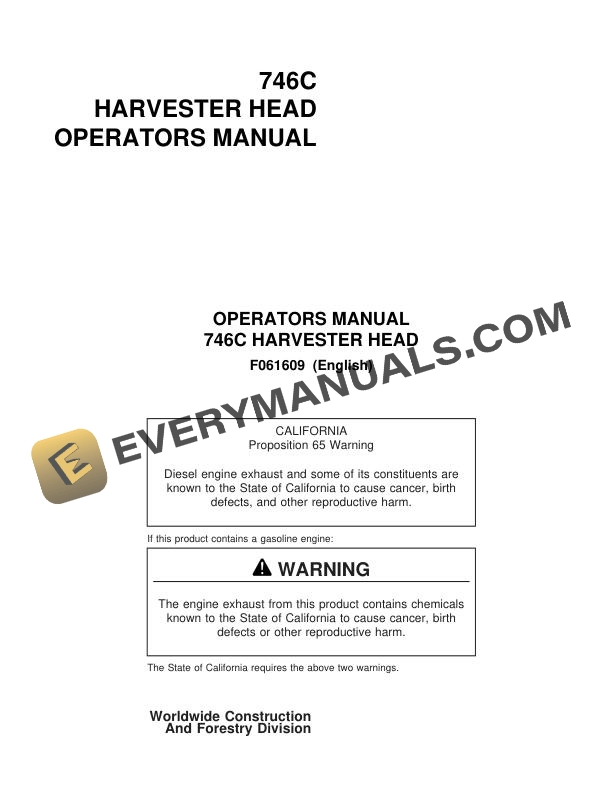 John Deere Timberjack 746C Harvester Head Operator Manual F061609