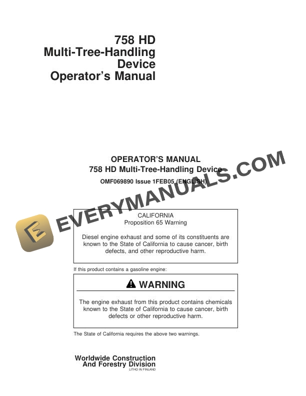 John Deere 758 HD Multi-Tree-Handling Device Operator Manual F069890