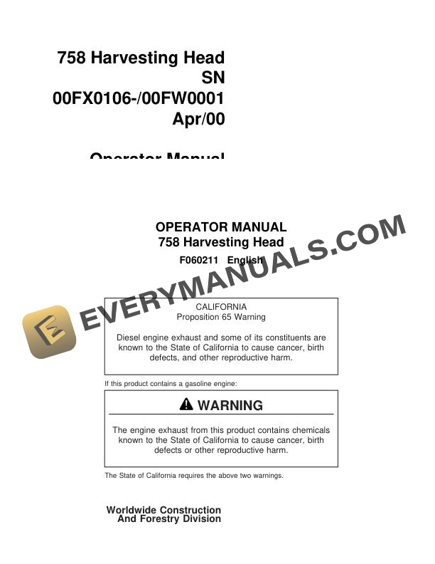 John Deere Timberjack 758 Harvesting Head Operator Manual F060211