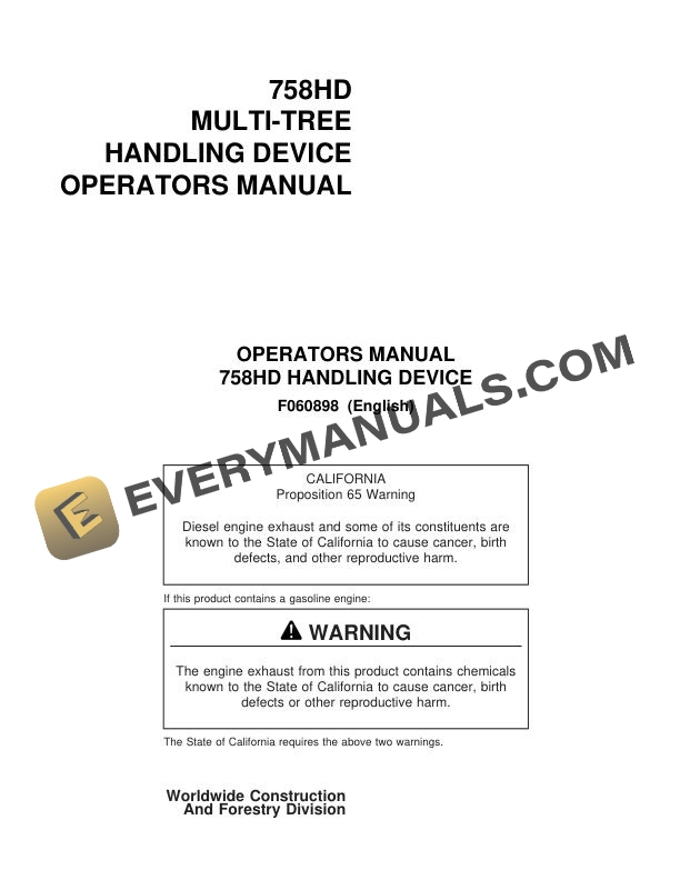 John Deere Timberjack 758HD Multi Tree Handling Device Operator Manual F060898