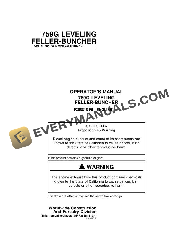 John Deere Timberjack 759G Lveling Feller Buncher Operator Manual F388818