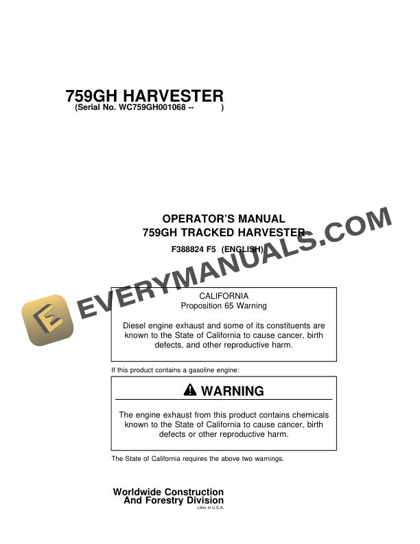 John Deere Timberjack 759GH Tracked Harvester Operator Manual F388824