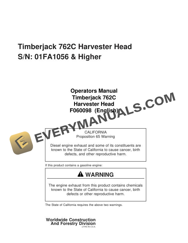 John Deere Timberjack 762C Harvester Head Operator Manual F060098