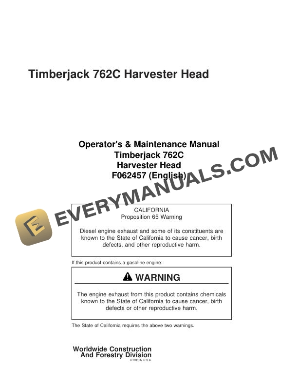 John Deere Timberjack 762C Harvester Head Operator Manual F062457
