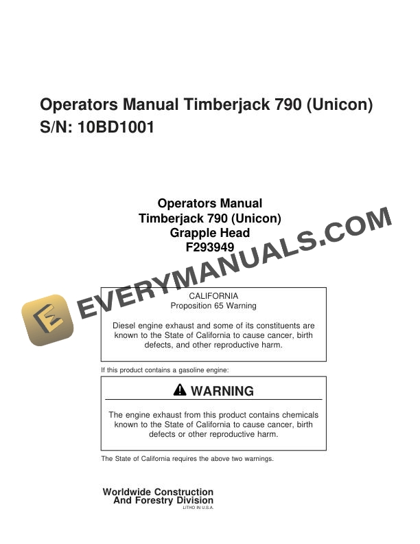 John Deere Timberjack 790 Unicon Grapple Head Operator Manual F293949