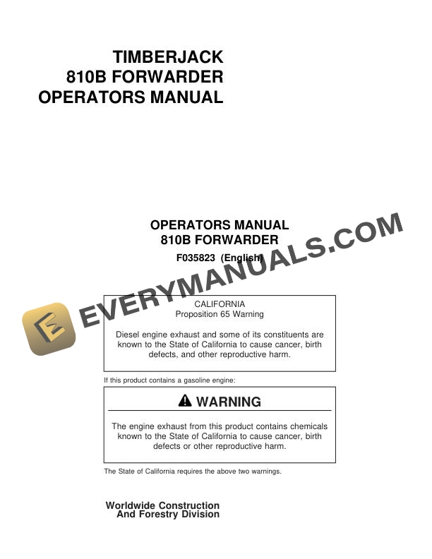John Deere Timberjack 810B Forwarder Operator Manual F035823